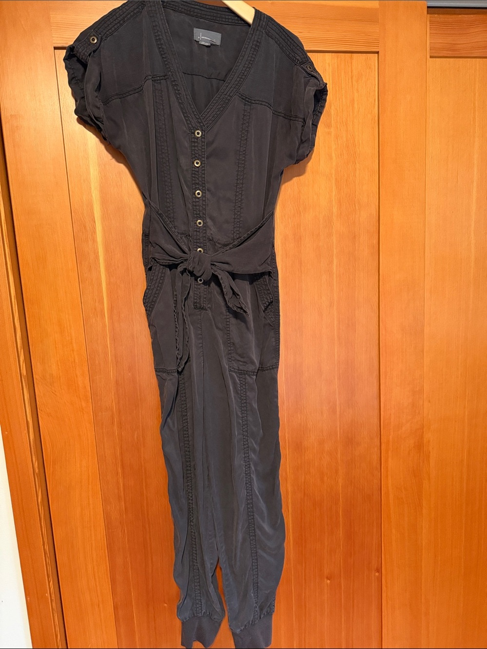 Anthropologie Black Short-Sleeve Utility Jumpsuit with Tie Waist